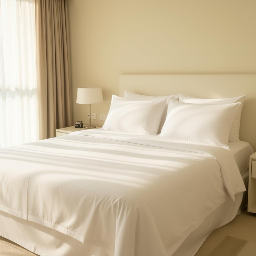 Crisp made-up bed in a sunlit holiday-home bedroom